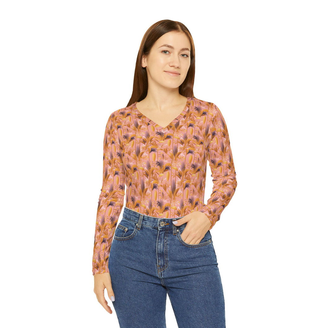 Women's Long Sleeve V-neck Shirt - Tropical Fronds