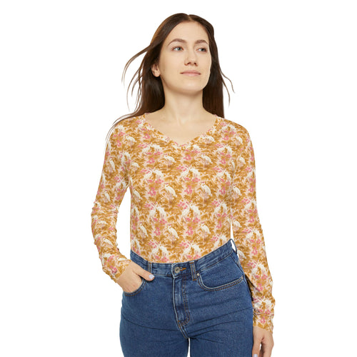 Women's Long Sleeve V-neck Shirt - Rosette Cranes