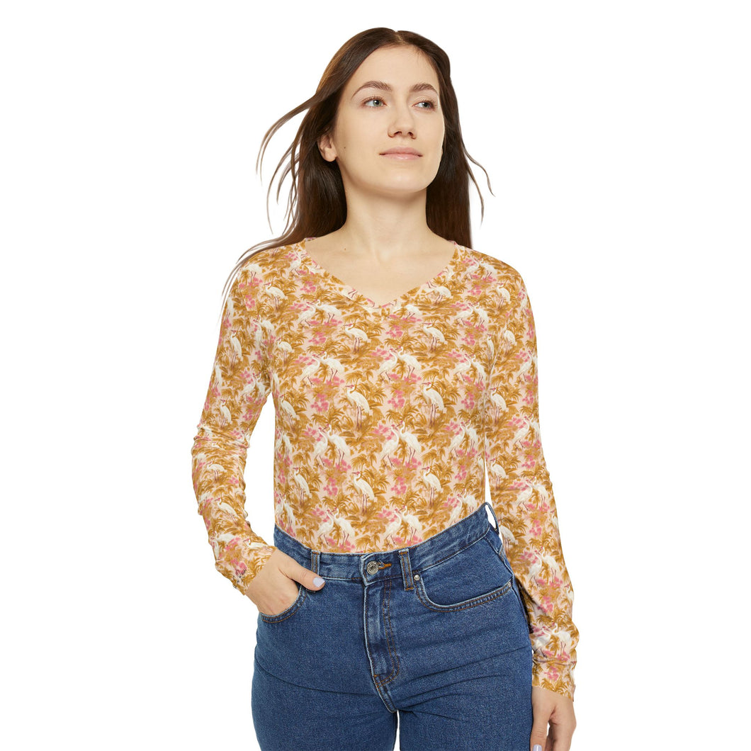 Women's Long Sleeve V-neck Shirt - Rosette Cranes