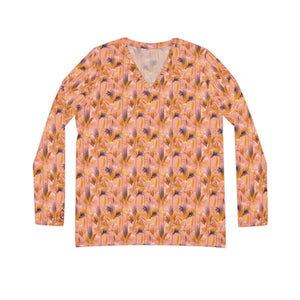 Women's Long Sleeve V-neck Shirt - Tropical Fronds