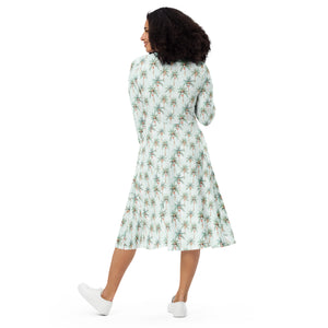 Festive Palms- long sleeve midi dress