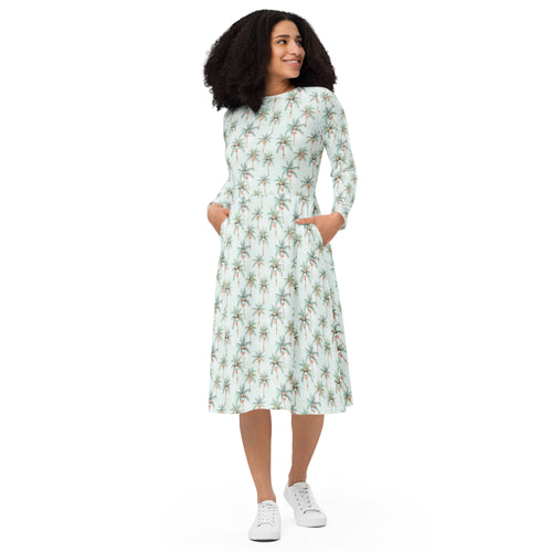 Festive Palms- long sleeve midi dress