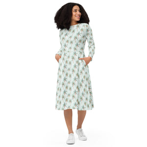 Festive Palms- long sleeve midi dress