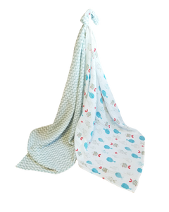 Lightweight Baby Blanket, 2 Pack, Travel Bag (Fish Print and Gray Zigzag)